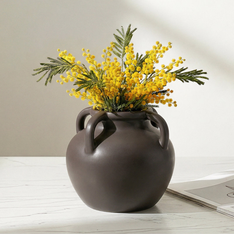  Soma 6" Matte Brown Ceramic Vase With Handles, 6 inch, Brown