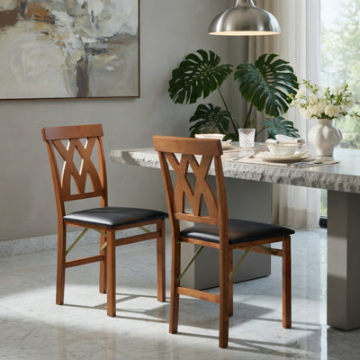  Ensemble de 2 chaises de salle à manger pliantes en bois, chaises de cuisine rembourrées en similicuir avec dossier ergonomique incurvé, noyer