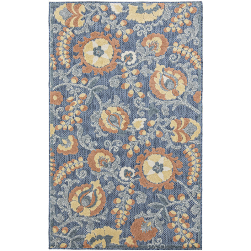 Gregori Blue Rose Farmhouse Rug, Rectangle 2'8" x 4'
