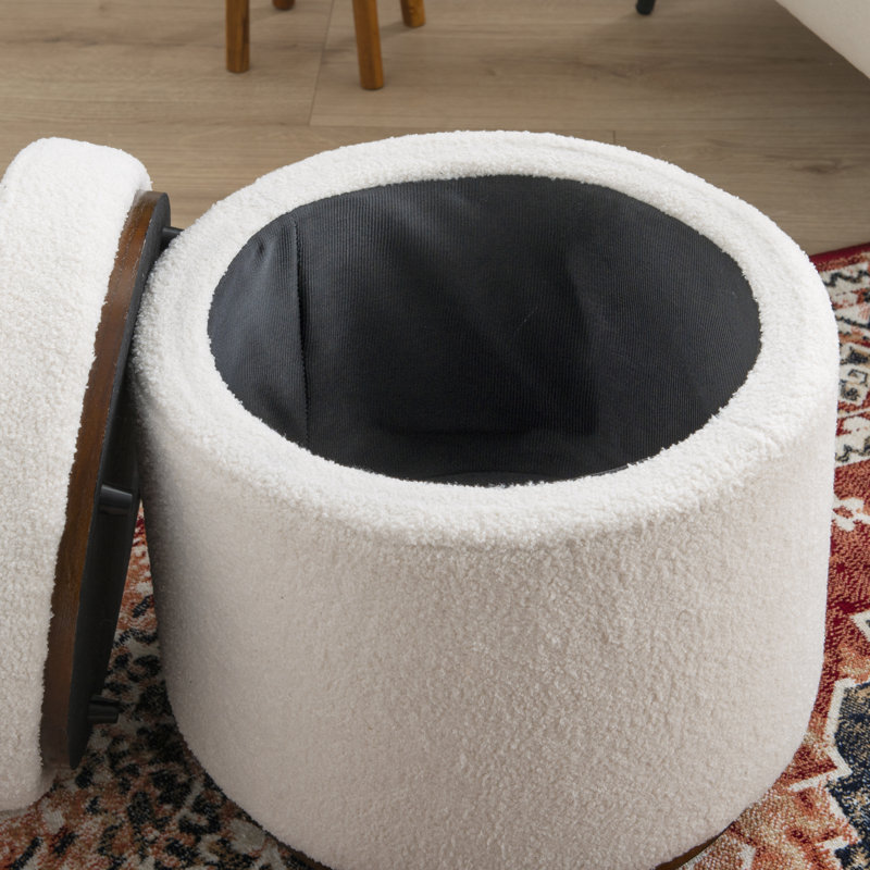 Thurleigh Round Sherpa Ottoman with Storage, Cream Performance Sherpa