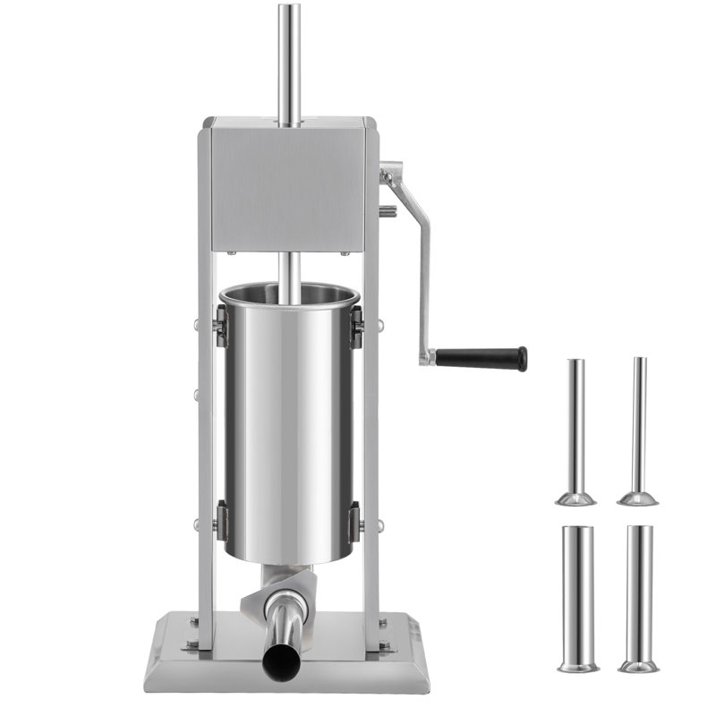 Poussoir à saucisses manuel, capacité de 3,6 kg/5 L, poussoir à saucisses vertical à deux vitesses en acier inoxydable 304, machine à remplir les saucisses avec 4 tubes de remplissage, base à ventouse pour usage domestique ou commercial