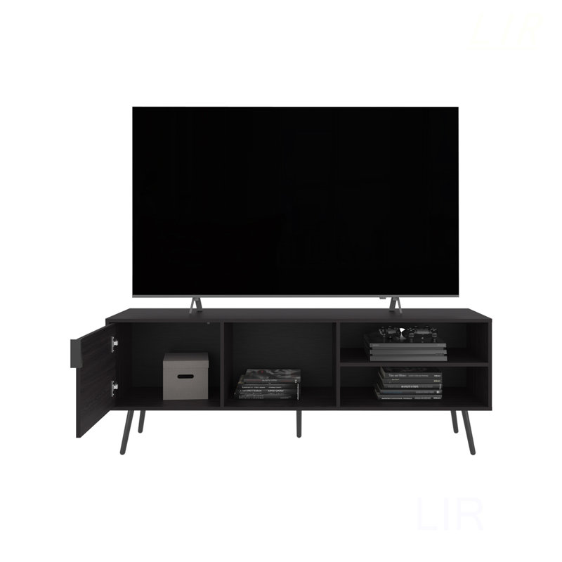 Meuble télé de 63 pouces de large avec armoire, tablettes et gestion des câbles pour salon moderne, meuble télé, Noir