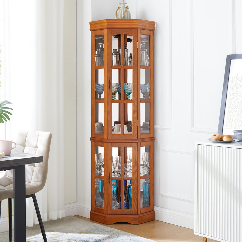 Armoire de coin en chêne à 5 tablettes avec éclairage, Chêne