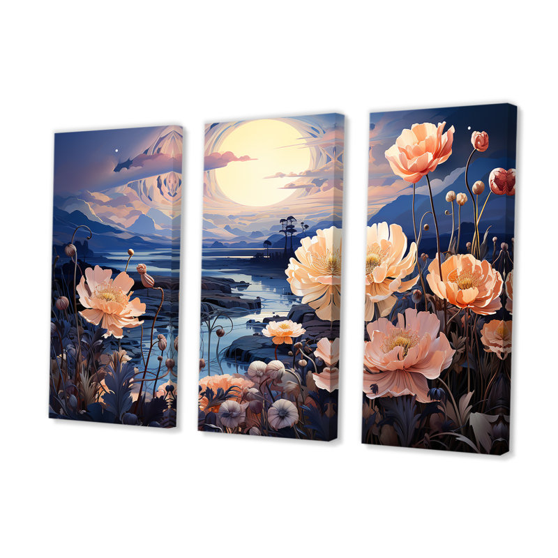 Charmant coucher de soleil magique prairie I - ensemble d'art mural sur toile fleur, H 28 po x l 36 po x P 1 po