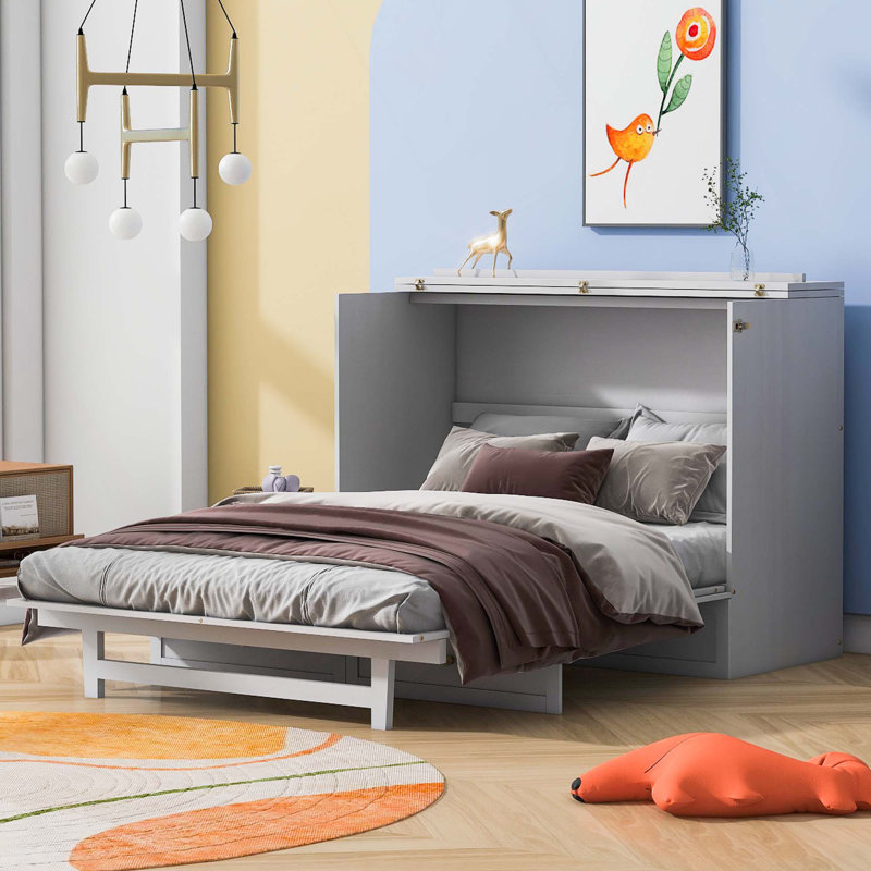 Lit escamotable avec grands tiroirs Murphy, Gris, Grand lit
