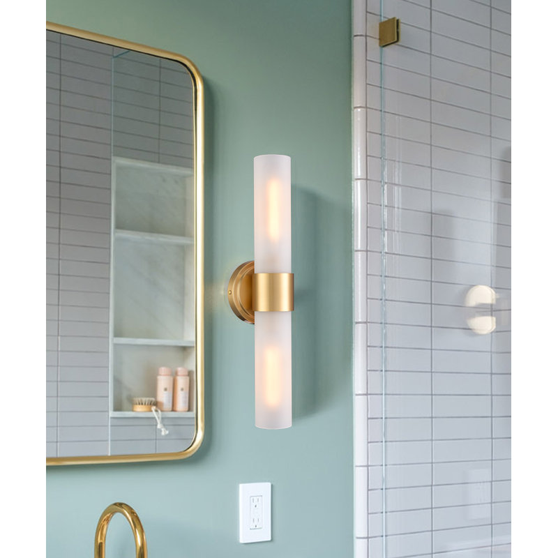 Applique murale avec abat-jour cylindrique en verre givré, Doré