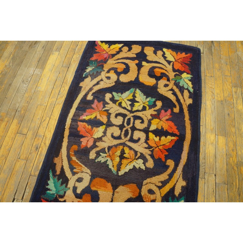 Rare Blue Color Antique Folk Art Leaf Pattern Small American Hooked Rug
