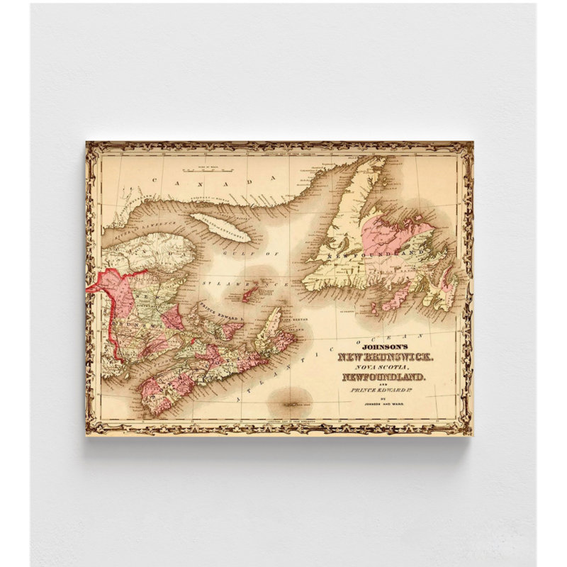Nouveau-Brunswick et Terre-Neuve, reproduction de carte antique du Canada en 1862, art mural chalet rustique canadien, affiche canadienne, décor de bureau