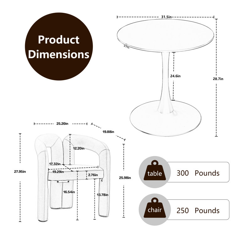 Ensemble de table de salle à manger 3 pièces, table de salle à manger à piédestal et 2 chaises d'appoint, Gris