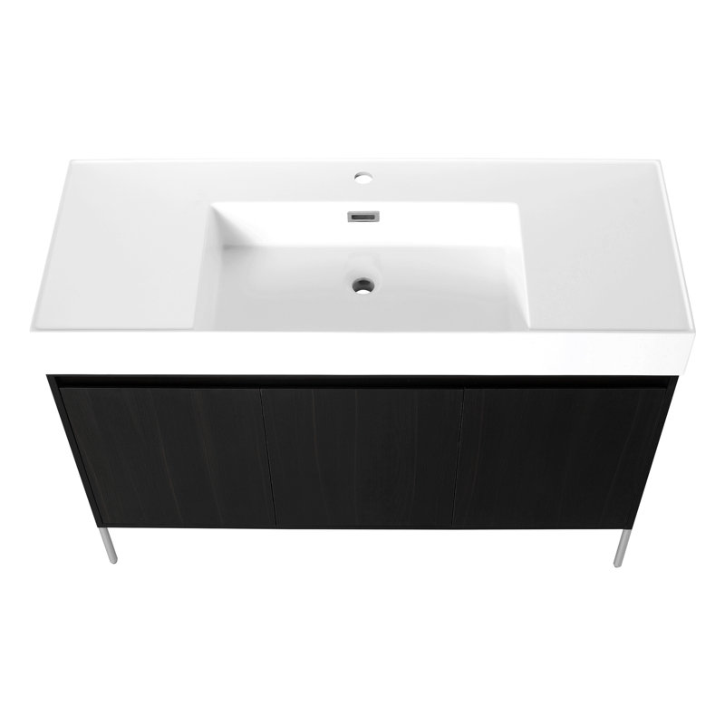 Meuble-lavabo de salle de bain avec lavabo encastré, meuble de rangement mural moderne rayé en contreplaqué flottant avec 2 tiroirs, lavabo rectangulaire intégré blanc sans robinet, couleur grise