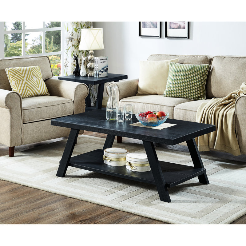Table basse contemporaine en bois à finition noire avec tablette et pieds larges, Black, Black