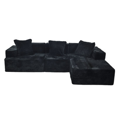 Compression Sectional With Comfy Chaise, Boneless L Shape, Minimalist Modular, Deep Seat Sleeper For Bedroom Apartment Living Room Lounge, Black Brushed Corduroy, Safe New Material, Standard 100 By -