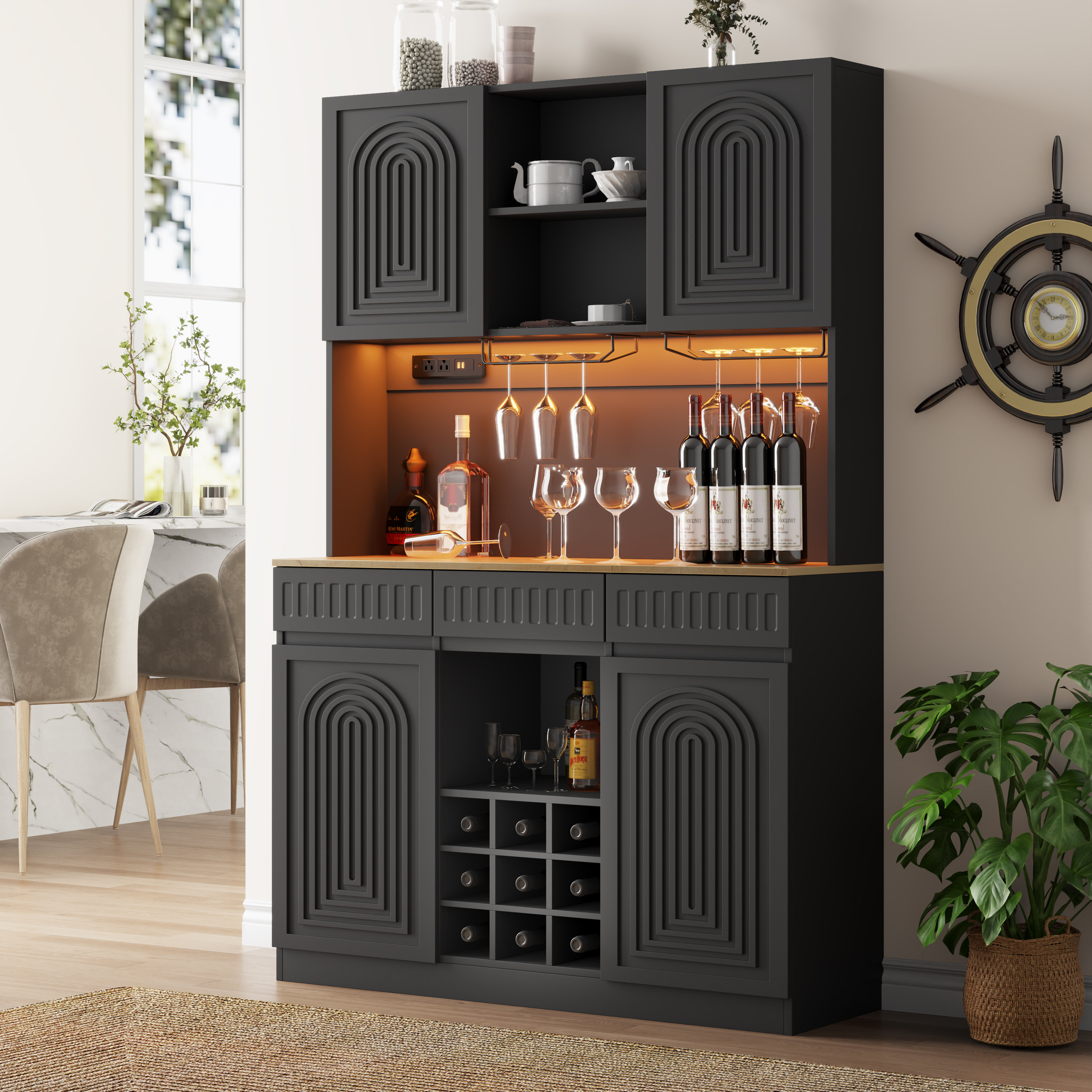 Ebern Designs 71-inch Tall Wine Bar Cabinet With Led Lights, Modern Fluted Coffee Bar Cabinet With Charging Station & 9-cube Wine Glass Rack, Pantry Hutch For Dining Room And Kitchen | Wayfair