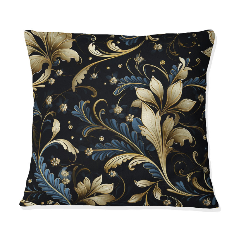 Coussin décoratif en polyester damassé or et bleu Luxury Damask Serenade, H 18 po x l 18 po