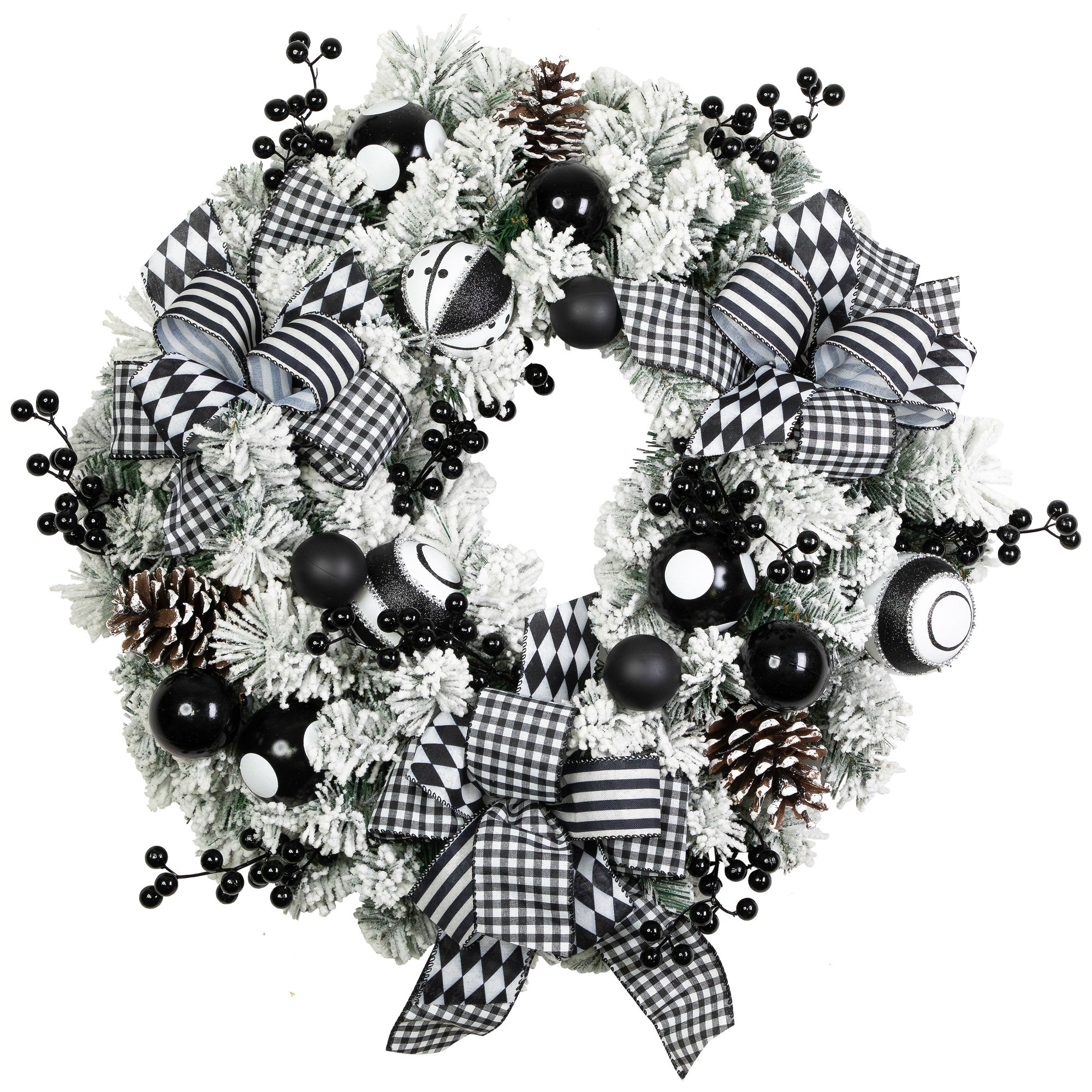 Northlight Seasonal Flocked Pine With Harlequin Bows And Ornaments Christmas Wreath - 24" - Unlit | Wayfair