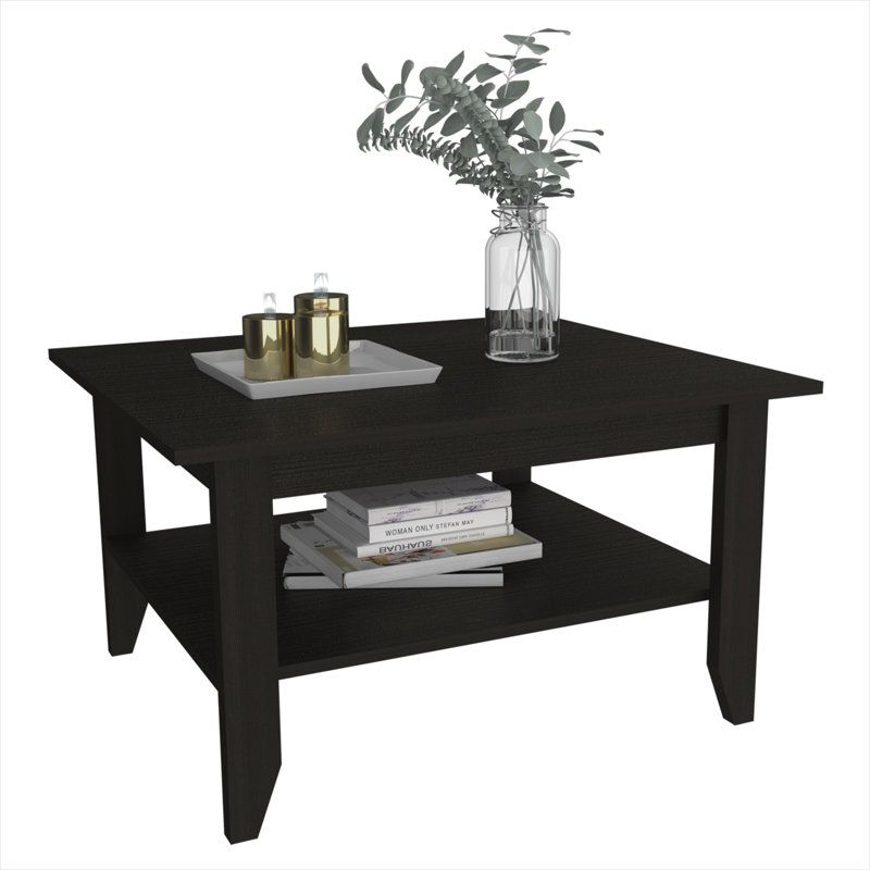 Rectangular Coffee Table with Open Shelf, 27.6x31.5 Inches, Matte Black Particle Board