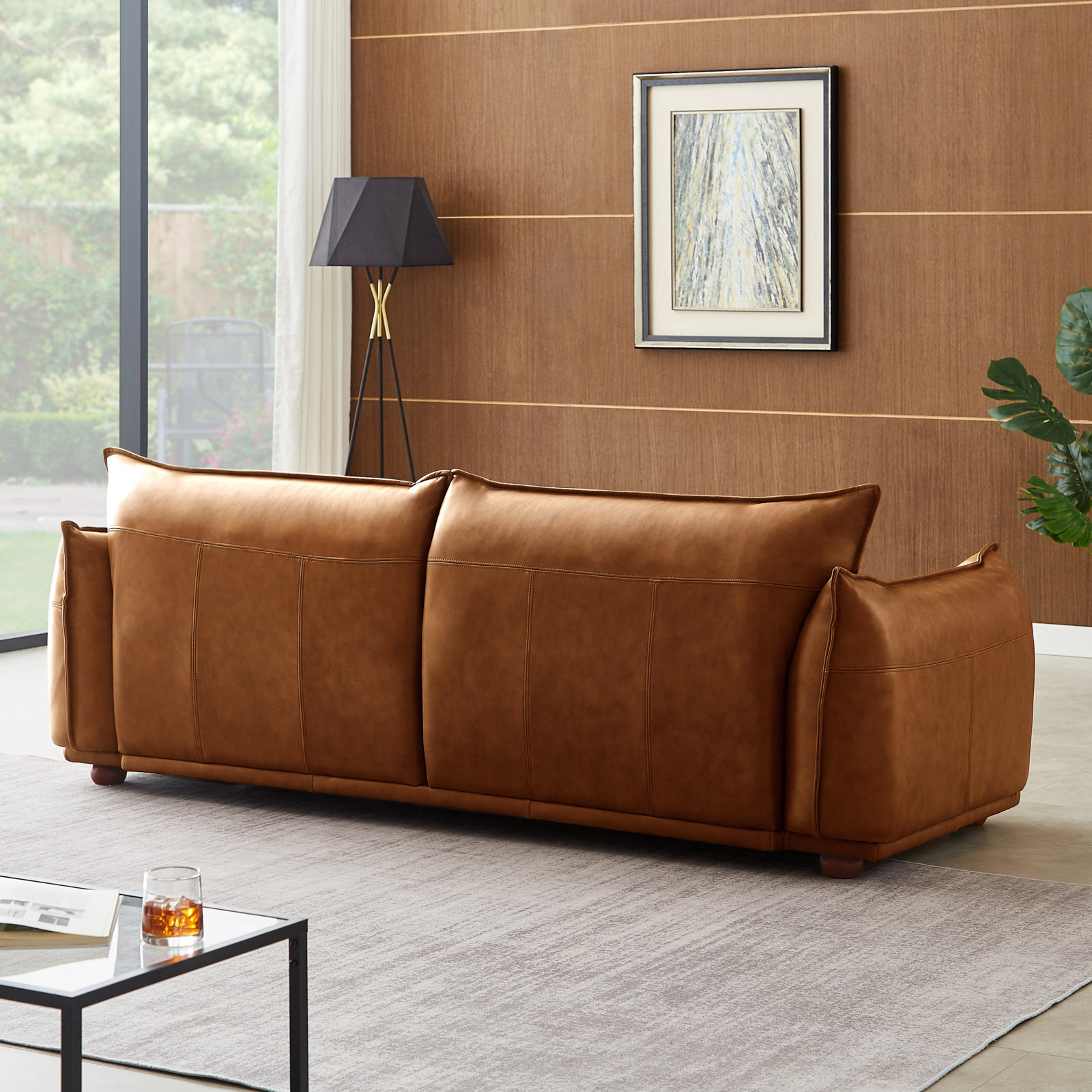Solid + Manufactured Wood Leather Upholstered Sofa with Pocket Springs, Cognac Genuine Leather