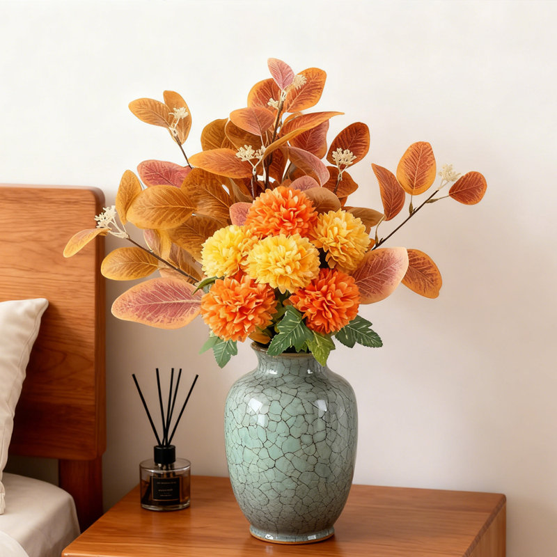 1 bouquet de chrysanthèmes artificiels, 21 pouces de fleurs de soie simulées en deux couleurs, jardin, cuisine, table, vase, fleurs décoratives, orange et jaune