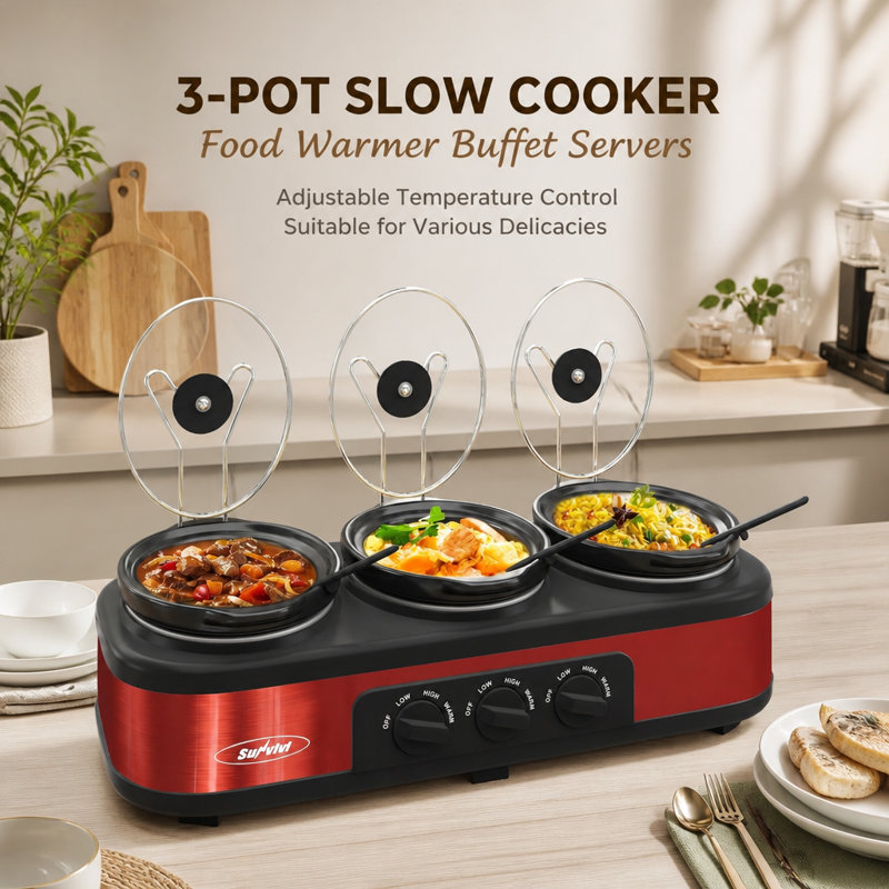 Triple Slow Cooker Buffet Food Warmer with 3 x 1.5 QT Ceramic Pots, Glass Lids and Spoons, Red
