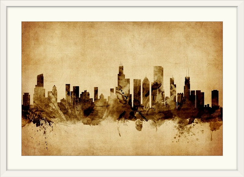 Francy " Chicago Illinois Skyline " by Michael Tompsett, 24" H x 32" W x 1" D, White Frame