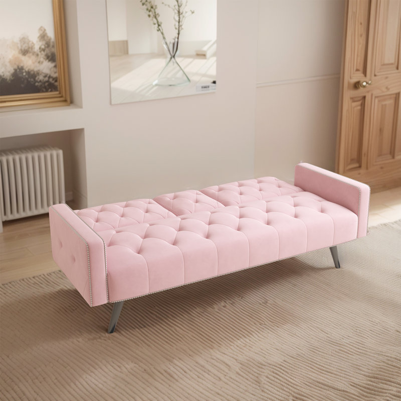 Sleeper Sofa With Cup Holder, Pink Velvet