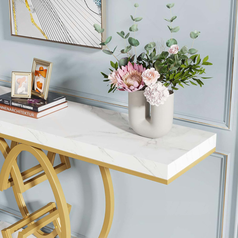 Modern Faux Marble Console Table With Gold Geometric Base For Elegant And Functional Home Decor