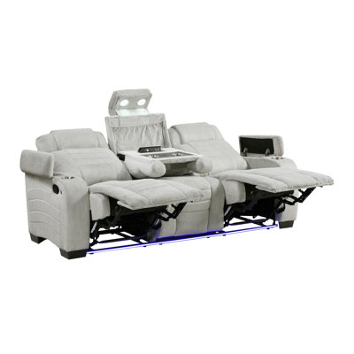 Ensemble de canapés inclinables à DEL de luxe 3 pièces gris clair avec causeuse et accoudoirs avec porte-gobelet et porte-gobelets