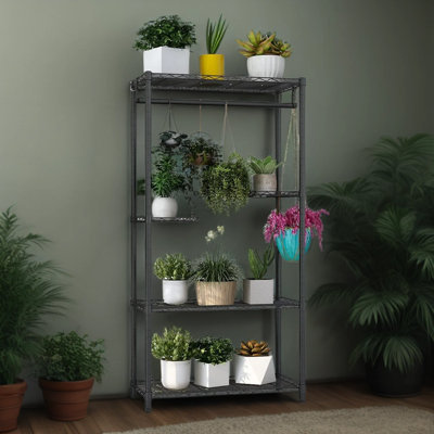 Adjustable Metal Plant Stand With Hanging Rod - 5-Tier Space-Saving Shelf For Indoor And Outdoor Use In Living Room, Bedroom, Balcony, Or Garden