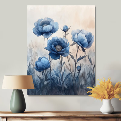 Pivoines bleues sombres dans le pâture I - reproduction d'art traditionnelle en métal, pivoines en métal, art mural