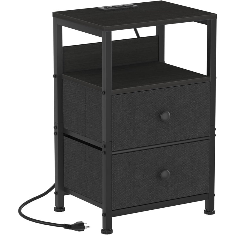 Nightstand With Charging Station & Usb Ports, End Table With Fabric Drawers Storage Shelf, Sofa Bed Side Table Night Stand For Bedroom Living Room