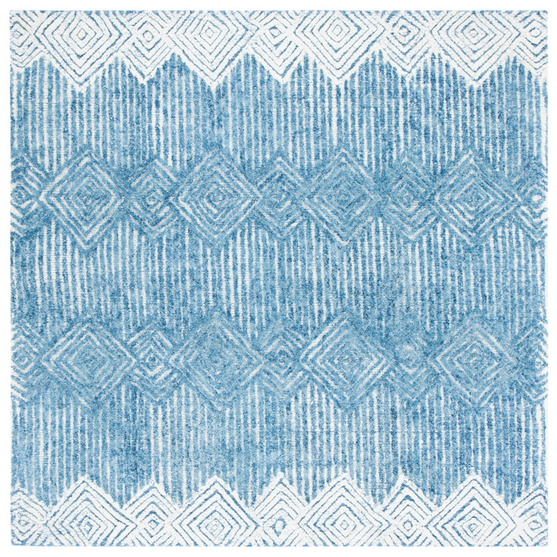Leopoldo Geometric Handmade Tufted Wool Blue/Ivory Area Rug, Square 6'