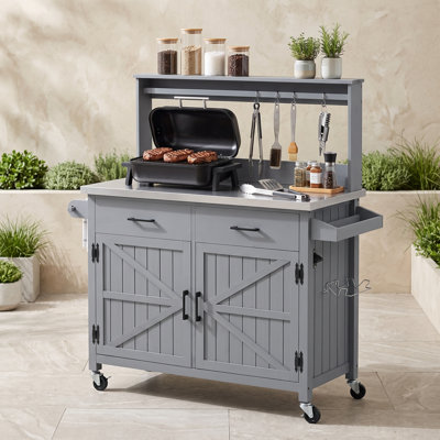 Chariot de cuisine d'extérieur avec plateau en acier inoxydable, tablettes réglables, crochets en S, roues verrouillables et tiroirs de rangement