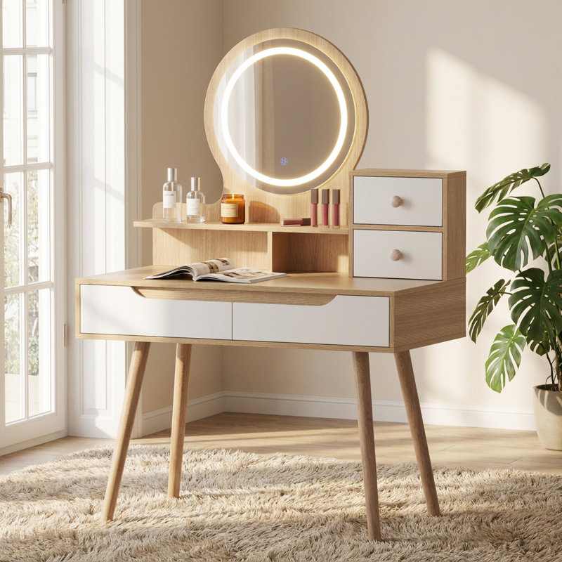 Table de coiffeuse éclairée avec 3 miroirs réglables, avec des pieds en bois massif robustes, une coiffeuse complète avec 4 tiroirs de rangement et 3 tablettes ouvertes pour les espaces de chambre compacts
