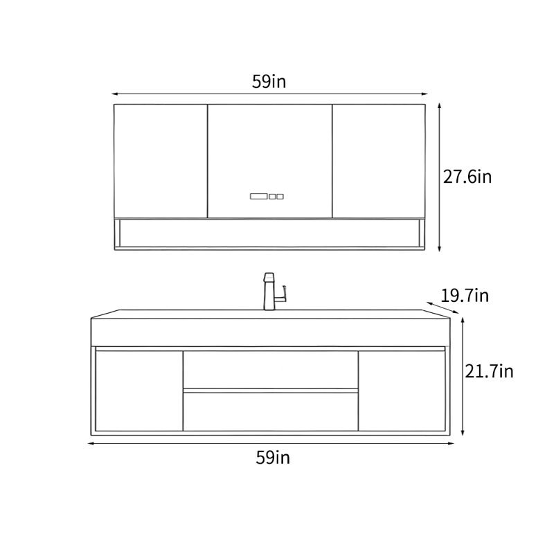 American country style bathroom cabinet, 21.7" H x 59" W x 19.7" D, Light Gray