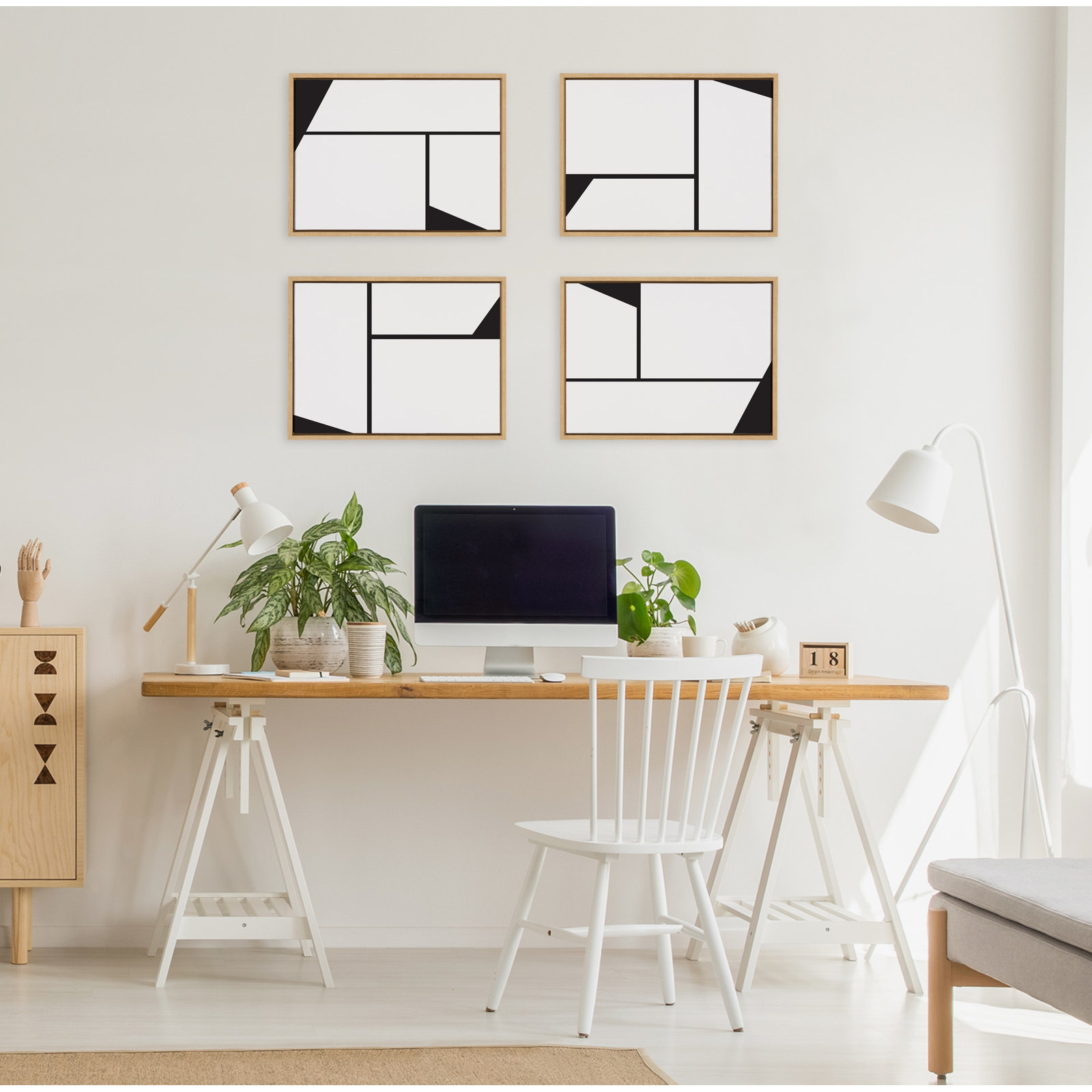 Bauhaus Sleek Abstract Painting, Natural Frame, 24" W x 18" H