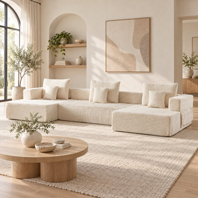 Canapé modulaire en U en velours côtelé à 3 places avec accoudoirs amovibles, poches de rangement et 3 coussins Vireuquessa