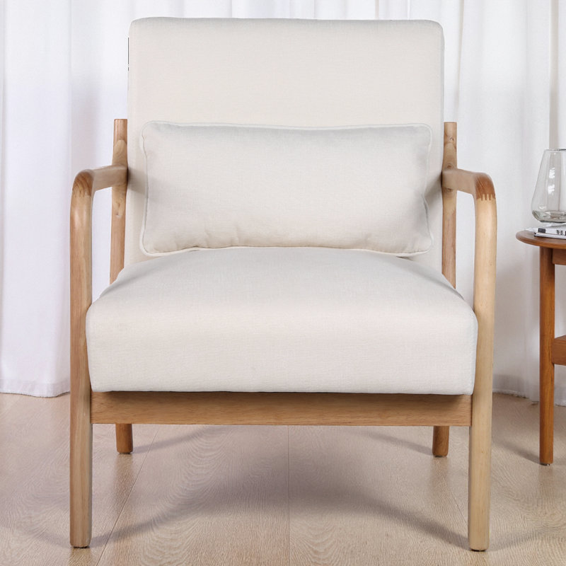 Fauteuil Mid-Century moderne en velours côtelé, structure en bois d'hévéa massif, coussin lombaire amovible, Beige