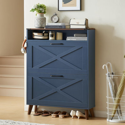 Meuble à chaussures étroit avec tiroirs à couvercle rabattable et crochets, meuble de rangement d'entrée en bois avec étagères réglables et espace de rangement ouvert pour couloir, chambre et salon