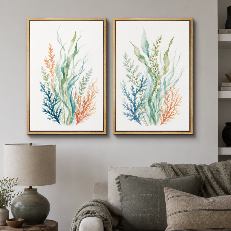 Seaweed Coral Botanical Art, Bathings, H 24 po x l 32 po x P 1,5 po, Cadre naturel