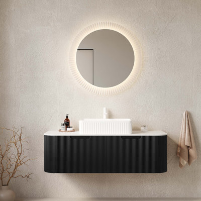 48" Bathroom Vanity With Sink, Wall-Mounted Curved Edges Striped Bathroom Storage Cabinet With 2 Drawers Rectangular Ceramic Basin, No Faucet