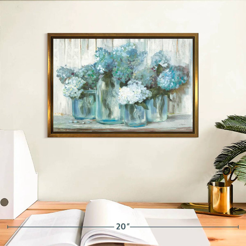 Hortensias en pots de verre bleus, 31 po x 21 po, Cadre flottant doré