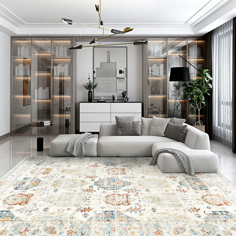 Bohemian Vintage Oriental Area Rug, Soft Faux Wool Floral Medallion Carpet, Non-Slip Washable
