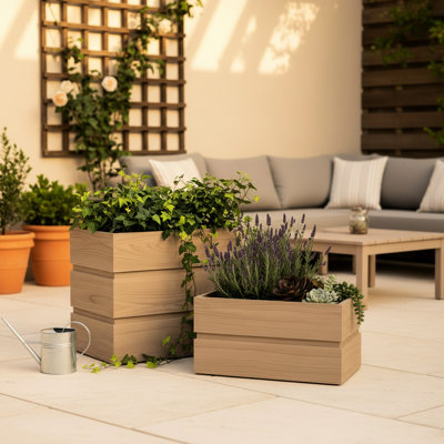 Tall Rectanglar Ash Brown Terrace Planter, Lightweight Aluminium Construction, Pre - Cut Drainage Opening, Modern Wood Tone Powder Coat, Adjustable Planting Depth, 18.28 In Width Colour, Material,