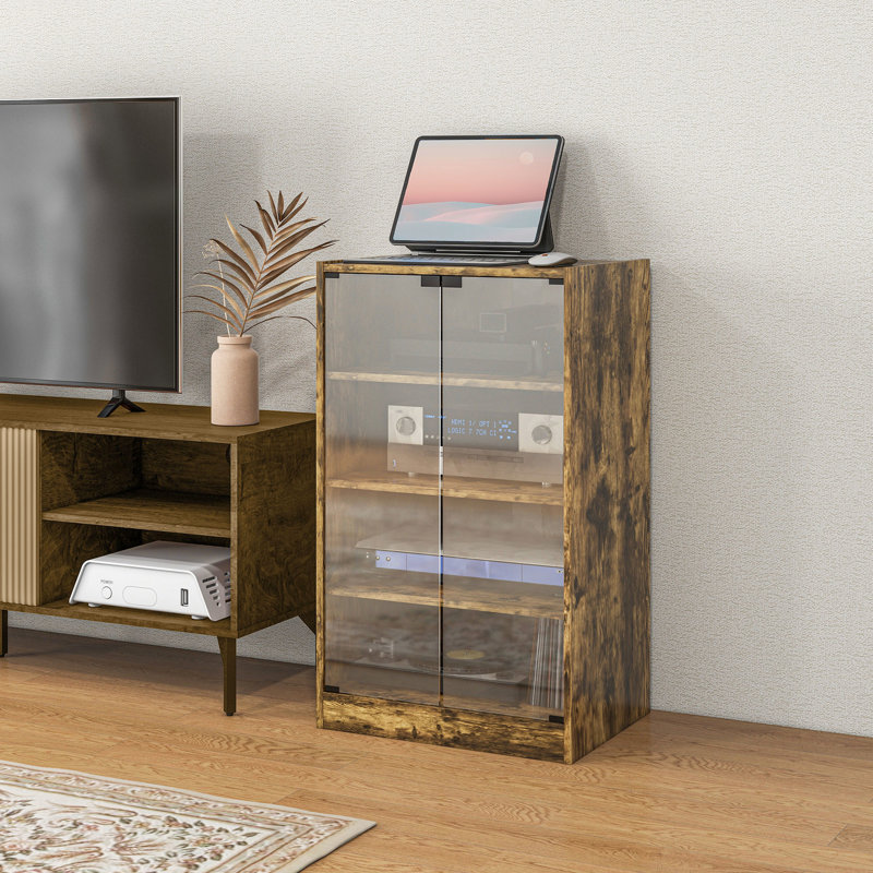4 Media Cabinet, Rustic Brown - Modern Audio Video Stand With Adjustable Shelves & Tempered Glass Doors For Player, Receiver, Gaming Console, Laptop, Books Brown, Shelves, And Cable Management