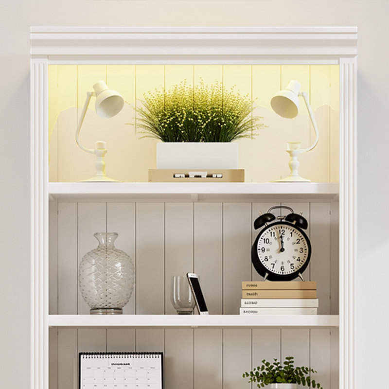 Tall Wood Bookcase with light strip and Adjustable Shelves, White, 83.4"H x 35.83"W x 15.35"D
