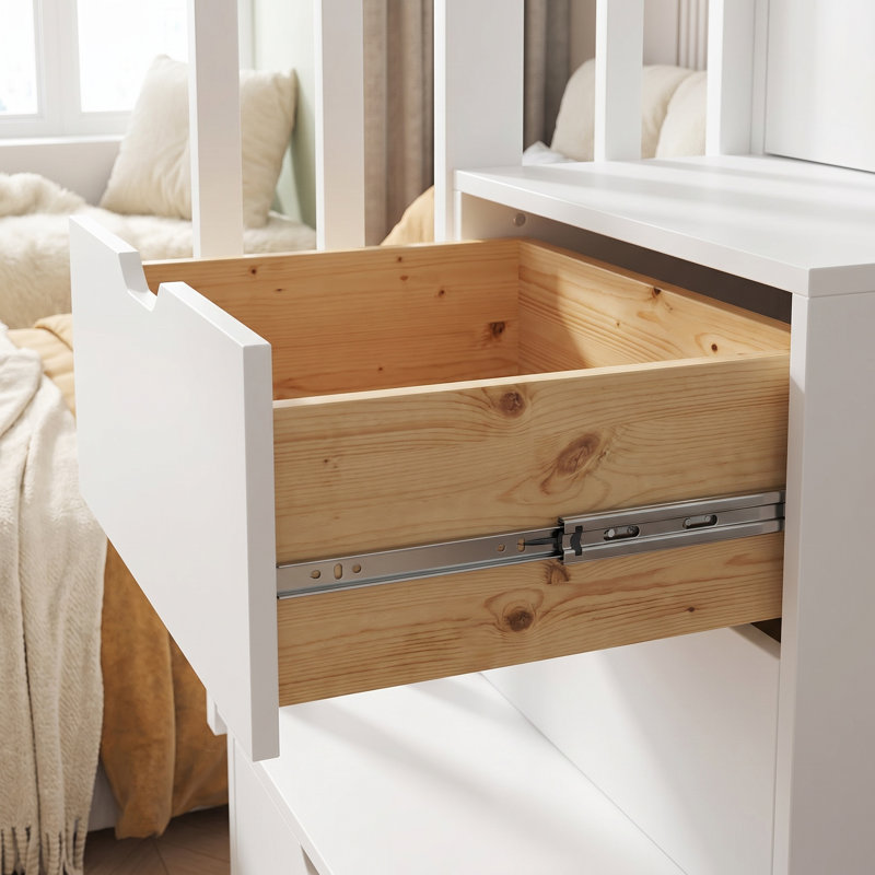 Lit mezzanine double compact avec bureau intégré, tablettes et 2 tiroirs de rangement - blanc et naturel, Blanc