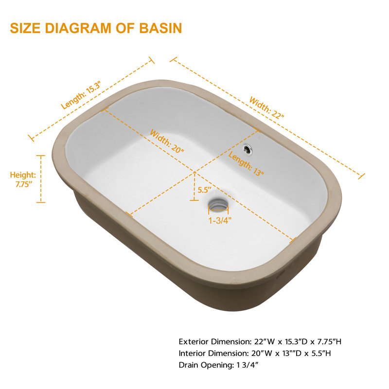 22" L x 15" W Rectangular White Ceramic Undermount Bathroom Sink with Overflow