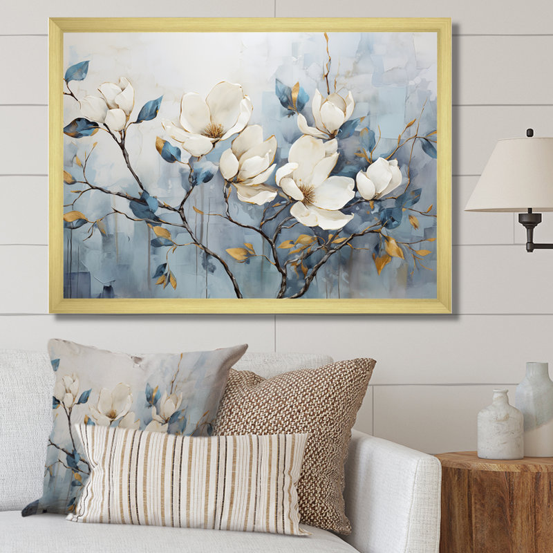 Elegant Magnolias Tranquility - art mural de salon Magnolias, H 30 po x l 40 po, Cadre photo unique, Doré