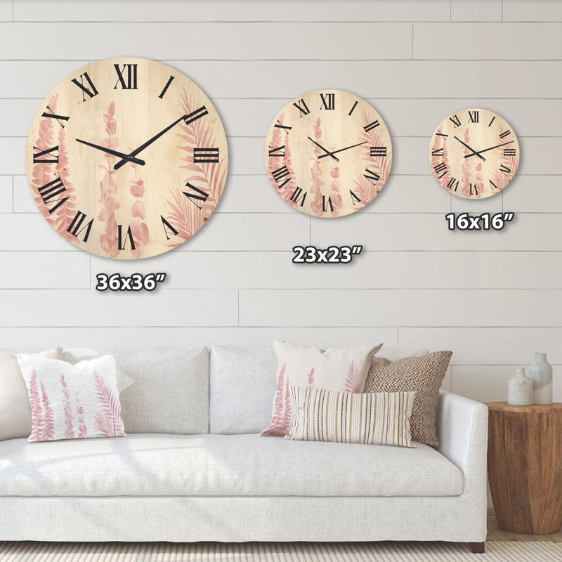 Horloge murale en bois rosé roseucalyptus et branches de palmier, Grand