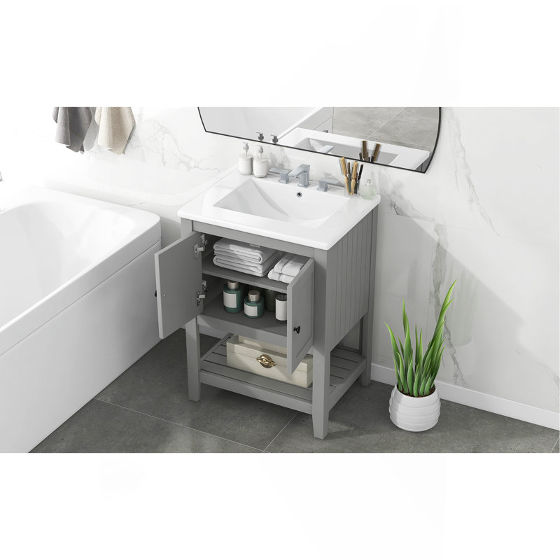 Lavabo de salle de bain moderne élégant en céramique 24 po avec tablette ouverte en bois massif, Gris